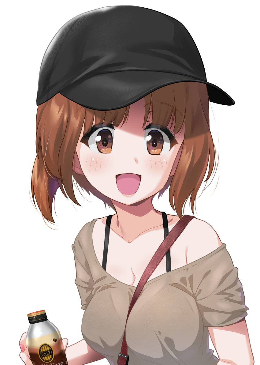 1girl absurdres alternate_costume baseball_cap between_breasts blush bra_strap breasts brown_eyes brown_hair cleavage girls_und_panzer hat highres looking_at_viewer medium_breasts nishizumi_miho open_mouth shiina_excel short_hair short_sleeves simple_background smile solo strap_between_breasts white_background