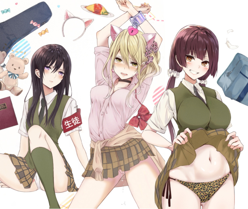 aihara_academy_school_uniform aihara_mei aihara_yuzu animal_ears animal_print black_hair blonde_hair blush breasts brown_hair cat_ears citrus_(saburouta) cleavage clothes_lift earrings gangshangguang_(smjy5842) green_eyes highres jewelry large_breasts leopard_print lifted_by_self long_hair looking_at_viewer multiple_girls open_mouth purple_eyes school_uniform shirt skirt skirt_lift smile step-siblings step-sisters sweat taniguchi_harumi thong uniform