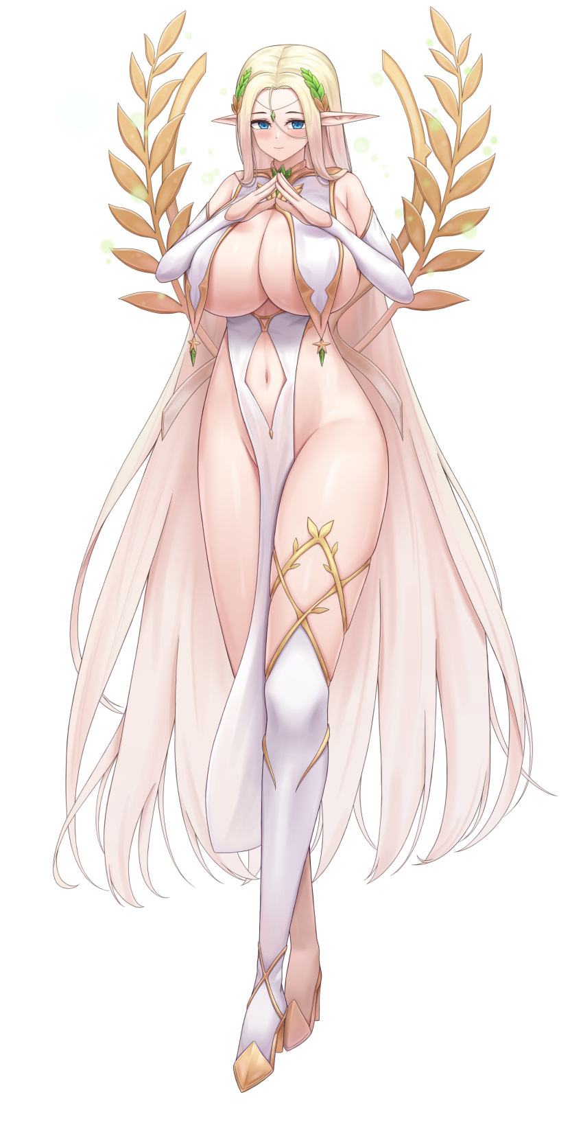 1girl absurdres blonde_hair blue_eyes blush breast_curtains breasts cerestia_of_life circlet clothing_cutout detached_sleeves elf full_body groin highres huge_breasts last_origin lazb. light_smile long_hair looking_at_viewer navel navel_cutout own_hands_together pelvic_curtain pointy_ears revealing_clothes simple_background skindentation solo straight_hair thighhighs very_long_hair white_background