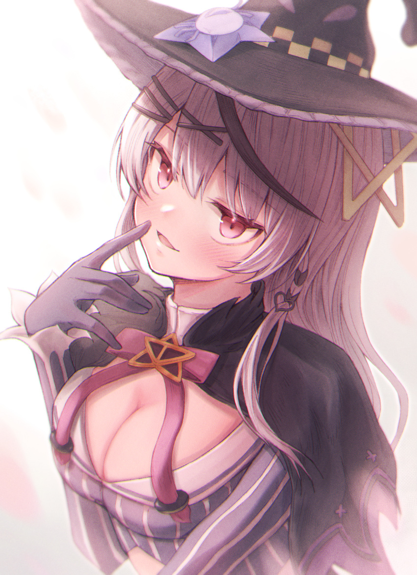 1girl absurdres black_capelet black_gloves black_hair black_headwear blush bow bowtie braid breasts brooch capelet check_commentary cleavage commentary_request cosplay cropped_shirt finger_to_mouth gloves grey_hair grey_shirt hair_ornament hairclip hat highres hololive index_finger_raised jewelry large_breasts long_sleeves looking_at_viewer multicolored_hair murasaki_shion murasaki_shion_(1st_costume) murasaki_shion_(cosplay) official_alternate_hair_length official_alternate_hairstyle pink_bow pink_bowtie red_eyes sakamata_chloe shirt side_braid solo star_brooch streaked_hair striped striped_shirt upper_body vertical-striped_shirt vertical_stripes virtual_youtuber witch witch_hat yoharu_tao