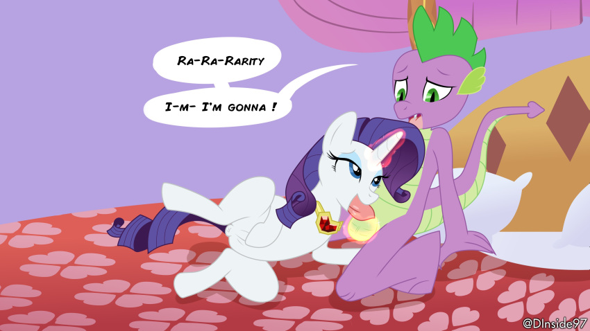 absurd_res bed deadinside97 dialogue dragon duo equid equine female friendship_is_magic furniture genitals hasbro hi_res horn male male/female mammal my_little_pony oral penis rarity_(mlp) spike_(mlp) unicorn