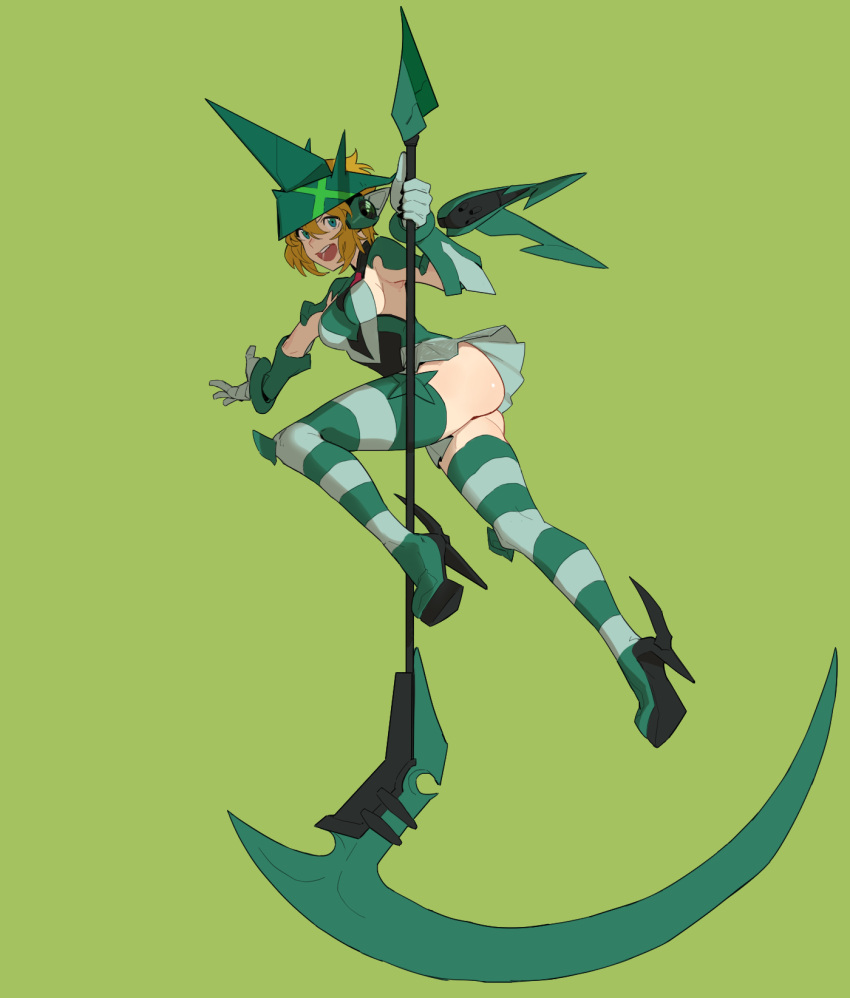 1girl akatsuki_kirika ass blonde_hair breasts full_body gloves green_eyes green_leotard green_thighhighs hair_ornament headgear highres hong_doo leotard looking_at_viewer medium_breasts open_mouth pole_dancing scythe senki_zesshou_symphogear shiny_skin short_hair simple_background skirt smile solo striped striped_thighhighs teeth thighhighs