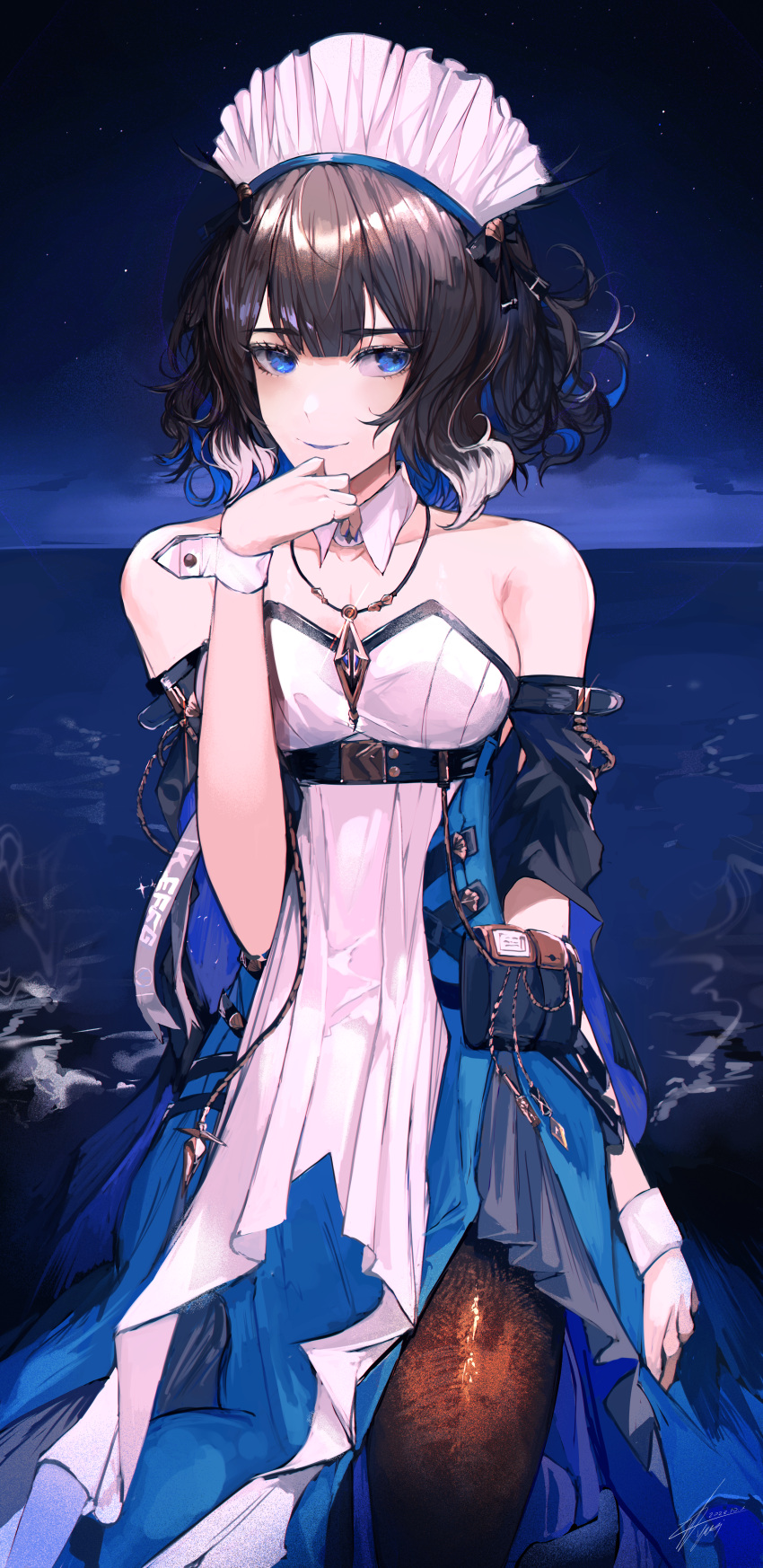 1girl absurdres arknights bare_shoulders black_hair blue_dress blue_eyes blue_hair breasts brown_pantyhose cleavage closed_mouth collarbone commentary detached_collar dress hand_up highres horizon kjera_(arknights) layered_dress looking_at_viewer maid maid_headdress medium_breasts multicolored_hair night night_sky ocean pantyhose pouch short_hair sky smile strapless strapless_dress water white_dress white_hair wrist_cuffs yuki_flourish