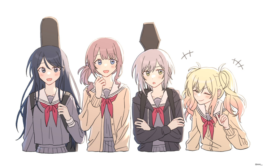 4girls black_jacket blonde_hair blue_eyes blue_hair blush brown_hair cardigan closed_eyes closed_mouth cocov crossed_arms green_eyes grey_hair grey_serafuku grey_shirt grey_skirt hand_up highres hinomori_shiho hood hooded_jacket hoshino_ichika_(project_sekai) jacket leo/need_(project_sekai) long_hair long_sleeves medium_hair miyamasuzaka_girls'_academy_school_uniform mochizuki_honami multiple_girls neckerchief pleated_skirt project_sekai red_neckerchief sailor_collar school_uniform serafuku shirt side_ponytail simple_background skirt smile tenma_saki twintails upper_body v very_long_hair white_background white_sailor_collar yellow_cardigan