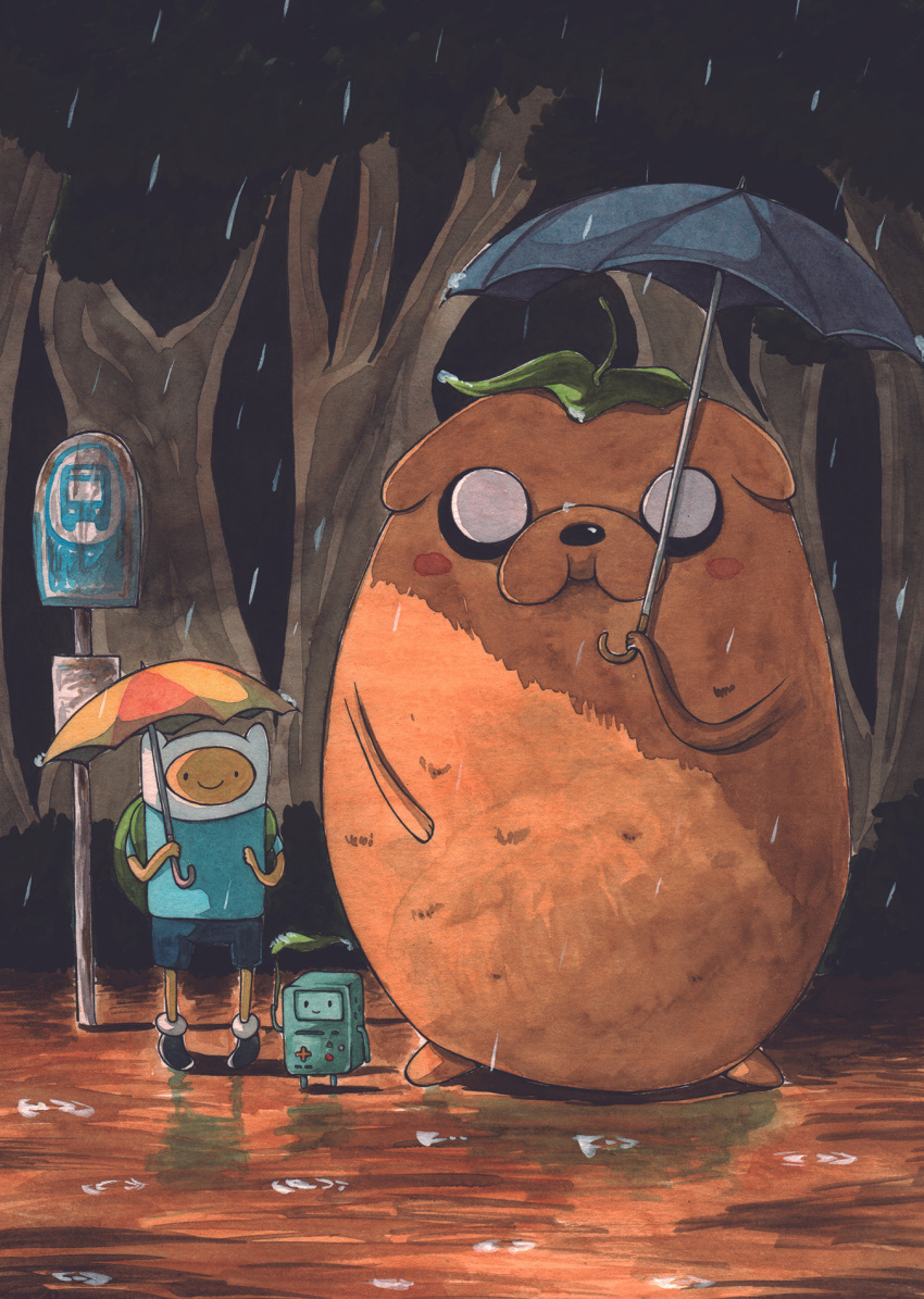 1boy adventure_time ayamee backpack bag blue_shirt blue_shorts bmo bus_stop closed_mouth dog finn_the_human forest game_console highres holding holding_leaf holding_umbrella hood hood_up jake_the_dog leaf male_focus nature outdoors parody rain shirt shorts smile tonari_no_totoro totoro_bus_stop umbrella water_drop