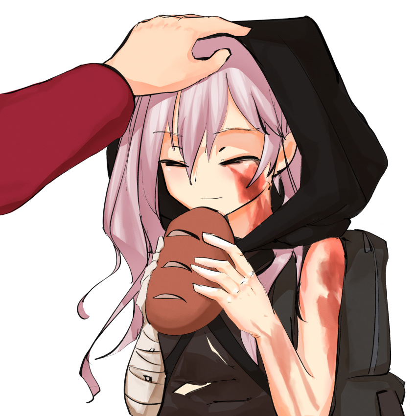 1boy 1girl backpack bag bandaged_arm bandaged_hand bandages black_bag black_hood bread burn_scar closed_eyes closed_mouth commander_(girls'_frontline) commentary english_commentary food gio_paint girls'_frontline griffin_&amp;_kryuger_military_uniform hair_between_eyes headpat highres holding holding_food light_smile long_hair pink_hair poverty refugee_(girls'_frontline) scar shirt simple_background sleeveless sleeveless_shirt solo_focus torn_clothes upper_body white_background