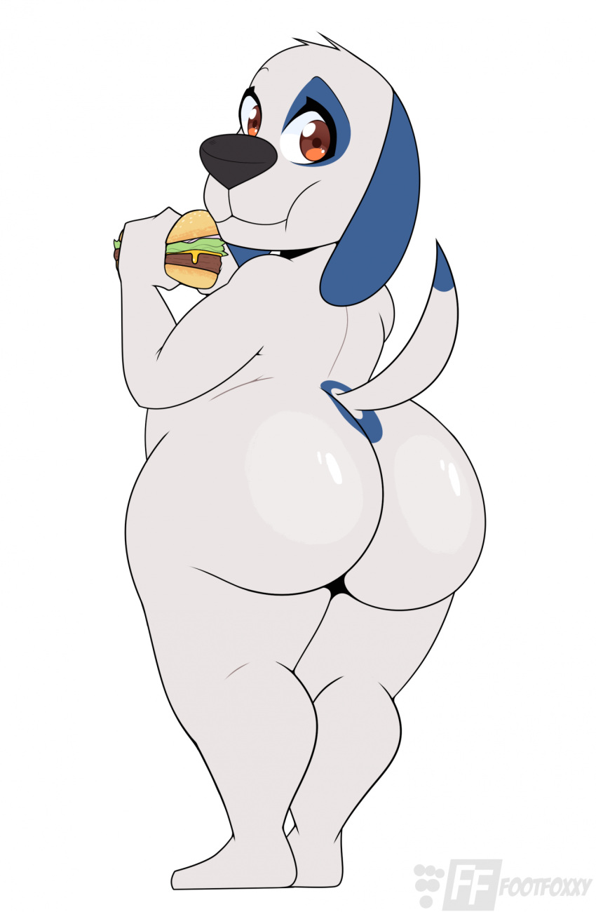 anthro big_butt burger butt canid canine canis domestic_dog eating food footfoxxy fur hi_res huge_butt looking_at_viewer looking_back male mammal overweight overweight_male red_eyes solo talking_friends talking_hank thick_thighs white_body white_fur