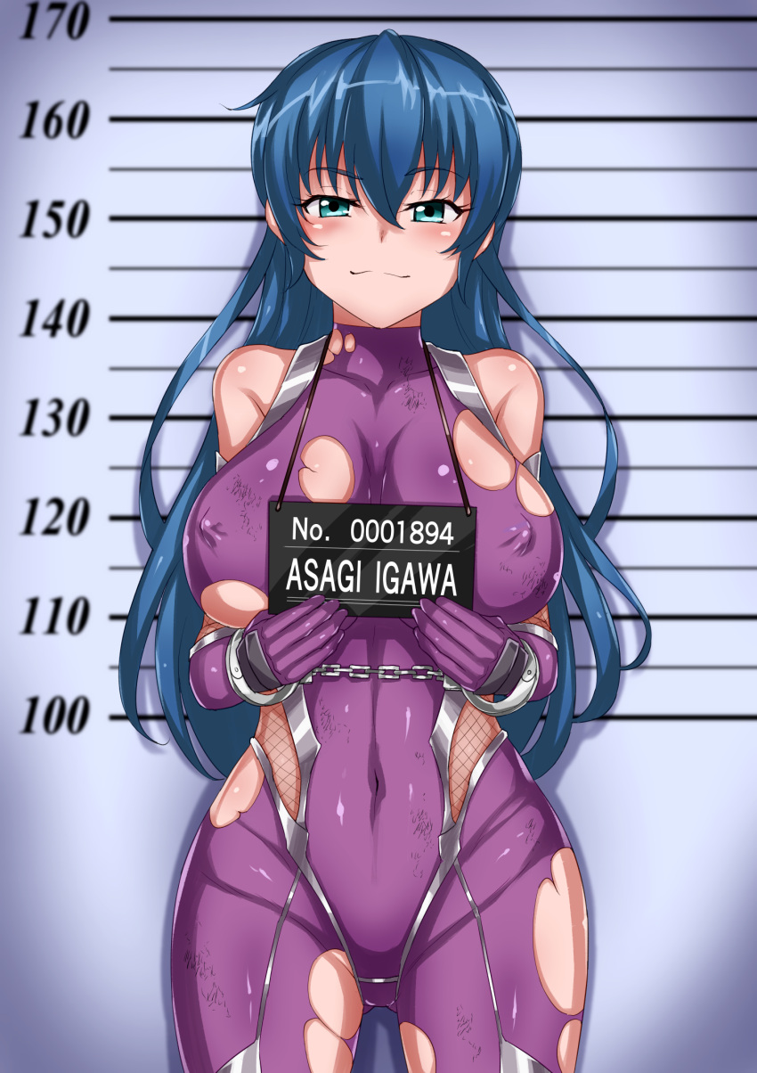 1girl bare_shoulders blue_eyes blue_hair bodysuit breasts covered_nipples elbow_gloves gloves height_chart highres igawa_asagi large_breasts long_hair looking_at_viewer mugshot ninja purple_bodysuit purple_gloves red_cornea_blue restrained smile smug solo standing taimanin_(series) taimanin_asagi torn_clothes