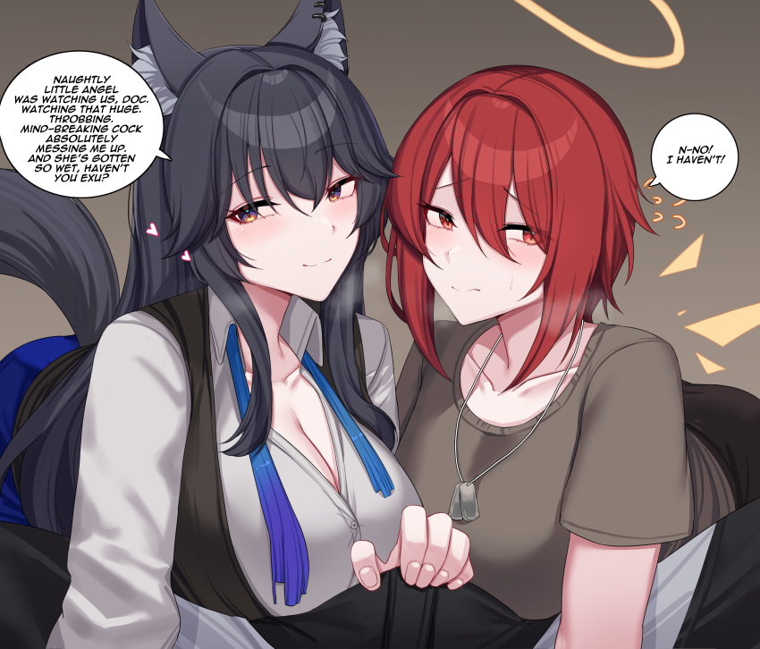1boy 2girls absurdres alternate_breast_size animal_ear_fluff animal_ears arknights bent_over black_hair black_pants black_vest blush breasts brown_eyes brown_shirt bulge cleavage closed_mouth collarbone collared_shirt detached_wings doctor_(arknights) dog_tags energy_wings english_text erection erection_under_clothes exusiai_(arknights) flying_sweatdrops halo highres huge_breasts kanta_(kanta_077) long_hair male_doctor_(arknights) multiple_girls pants red_eyes red_hair shirt short_hair short_sleeves smile speech_bubble spread_legs texas_(arknights) texas_the_omertosa_(arknights) very_long_hair vest white_shirt wings wolf_ears wolf_girl