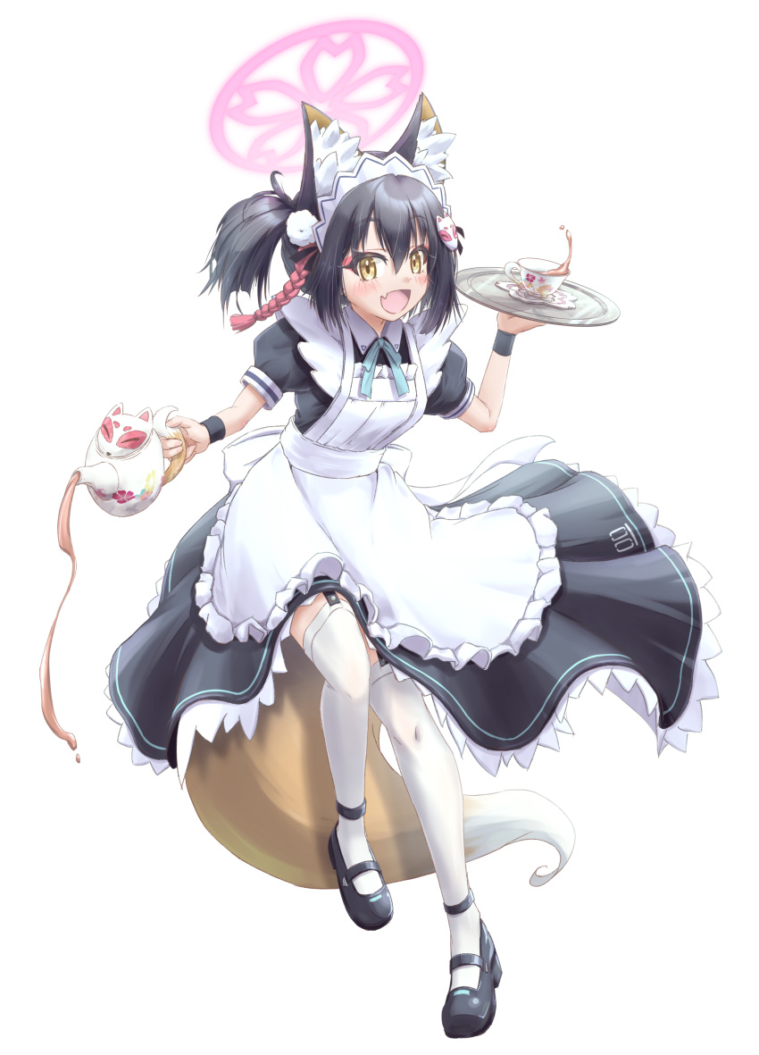 1girl :d absurdres alternate_costume animal_ear_fluff animal_ears apron black_hair blue_archive blue_bow blue_bowtie bow bowtie commentary_request cup dual_wielding enmaided eyeshadow fang fox_ears fox_girl fox_hair_ornament fox_tail frilled_apron frills full_body garter_straps hair_between_eyes hair_ornament halo highres holding holding_teapot holding_tray izuna_(blue_archive) looking_at_viewer maid maid_apron maid_headdress makeup mary_janes medium_hair one_side_up pom_pom_(clothes) pom_pom_hair_ornament red_eyeshadow rope shimenawa shoes short_sleeves sidelocks simple_background skin_fang smile solo standing standing_on_one_leg tail tea teacup teapot thighhighs tomonx tray white_apron white_background white_thighhighs yellow_eyes