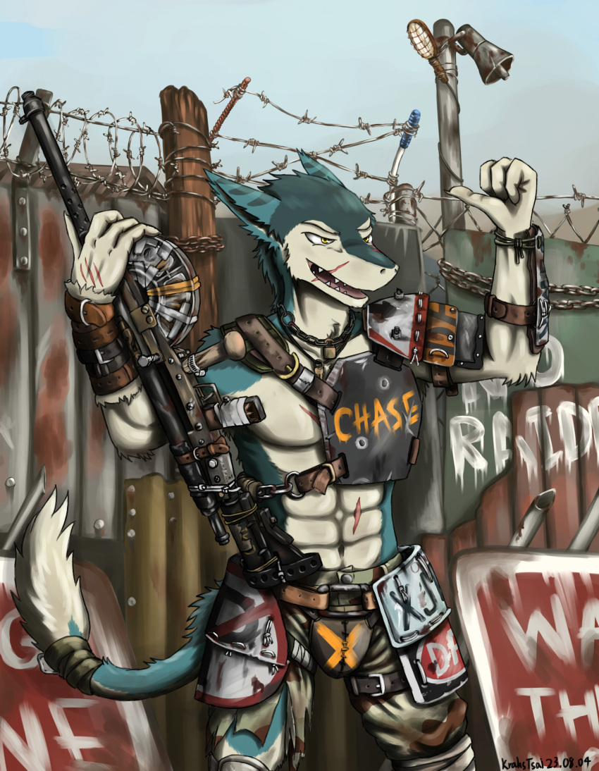 abs anthro armor clothed clothing detailed_background english_text gun hi_res krahs_tsai male post-apocalyptic ranged_weapon scar sergal solo standing text weapon