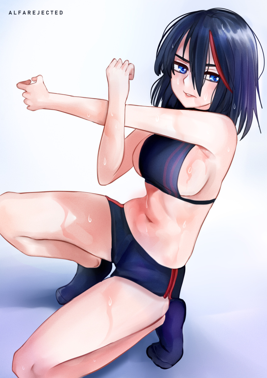1girl absurdres alfarejected armpits bare_legs bare_shoulders black_hair blue_eyes breasts exercise hair_between_eyes highres kill_la_kill kneeling matoi_ryuuko medium_breasts messy_hair multicolored_hair navel panties parted_lips revealing_clothes short_hair sideboob signature socks solo stomach streaked_hair stretching sweat trigger_(company) two-tone_hair underwear wet wet_hair workout_clothes