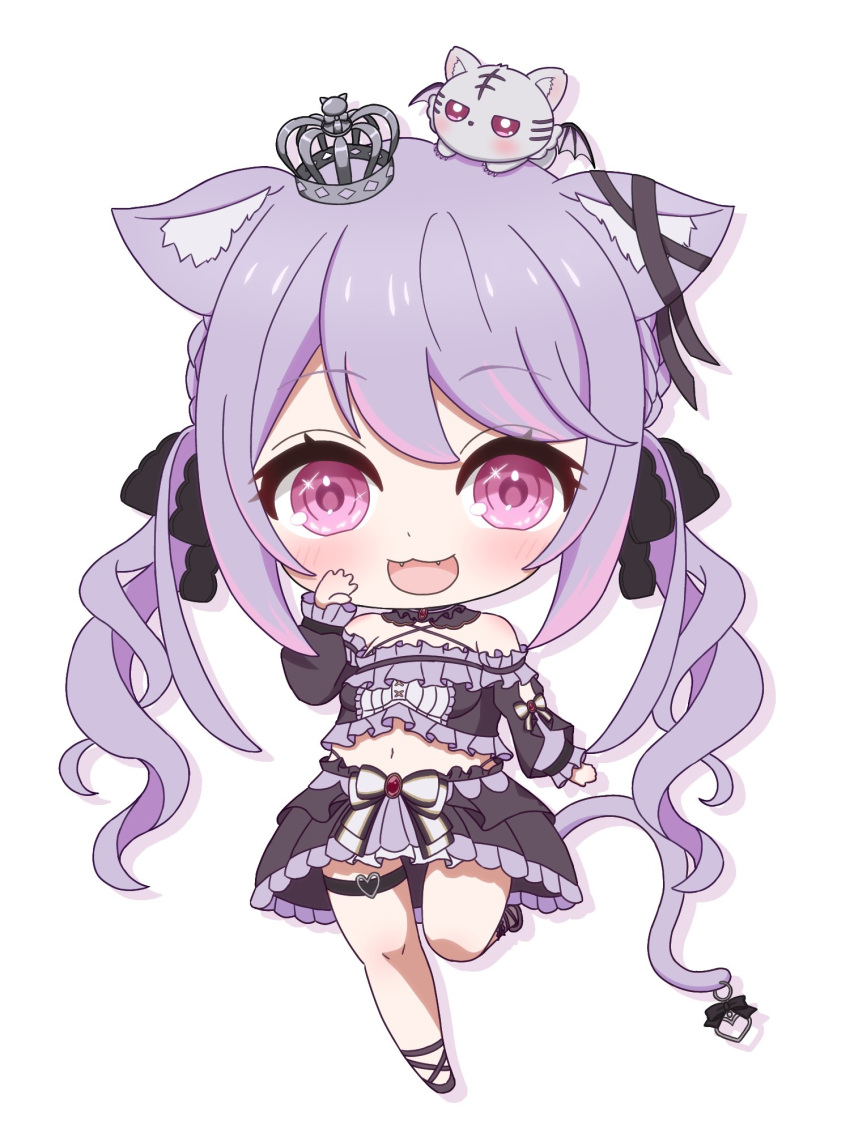 1girl :3 animal_ear_fluff animal_ears awotaka black_bow black_collar black_footwear black_ribbon black_shirt black_skirt blush bow bow_skirt breasts cat_ears cat_girl cat_tail chibi collar commentary criss-cross_halter crop_top crown detached_collar ear_ribbon fangs frilled_shirt frills full_body hair_bow halterneck highres ina_uruu long_hair looking_at_viewer low_twintails medium_bangs medium_breasts midriff mini_crown multicolored_hair nanashi_inc. navel open_mouth pink_eyes pink_hair purple_hair ribbon shirt shoes simple_background skirt smile solo tail thigh_strap twintails two-tone_bow two-tone_hair virtual_youtuber white_background white_bow