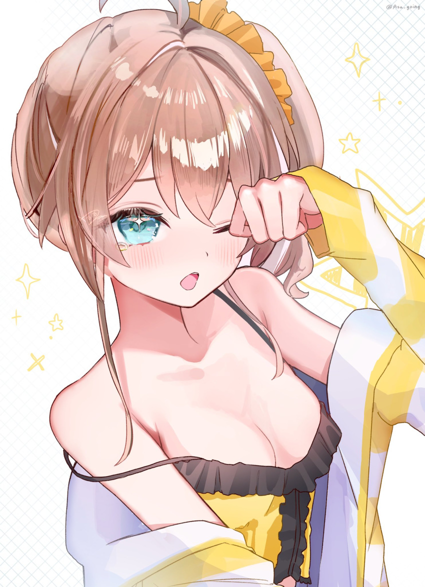 1girl ahoge alternate_breast_size asa_going bare_shoulders blue_eyes breasts brown_hair grey_background hair_between_eyes hair_ornament hair_scrunchie hand_up highres hololive jacket long_sleeves looking_at_viewer medium_breasts natsuiro_matsuri off_shoulder one_eye_closed one_side_up open_clothes open_jacket open_mouth parted_bangs patterned_background rubbing_eyes scrunchie shirt side_ponytail sidelocks sleepwear solo sparkle strap_slip striped striped_jacket upper_body virtual_youtuber yellow_shirt