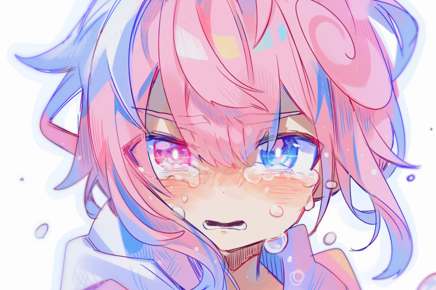 1boy blue_eyes blush bright_pupils cowlick crying crying_with_eyes_open d: dashed_eyes dot_nose eyes_visible_through_hair hair_between_eyes heterochromia highres hood hood_down hoodie looking_at_viewer lower_teeth_only open_mouth original pink_eyes pink_hair portrait raito-kun_(uenomigi) short_hair sidelocks simple_background tears teeth uenomigi v-shaped_eyebrows wavy_mouth white_background white_hoodie white_pupils