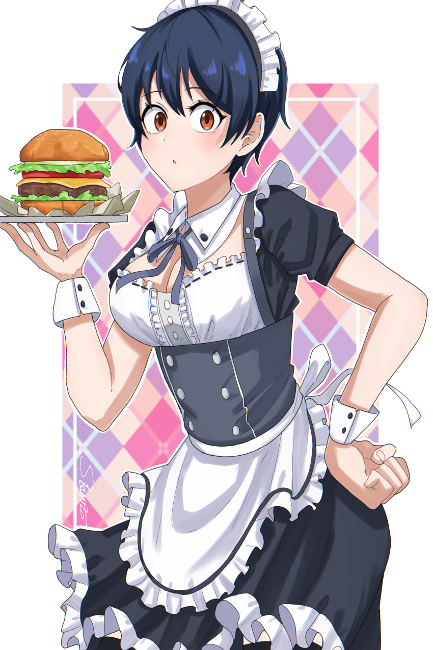 1girl absurdres alternate_costume apron argyle argyle_background artist_name black_dress black_hair breasts brown_eyes burger cleavage dress enmaided food frilled_dress frills hand_on_own_hip highres holding holding_tray izumo_fuuko maid maid_apron maid_headdress medium_breasts shishiruto short_hair short_sleeves solo standing tray undead_unluck waitress wrist_cuffs