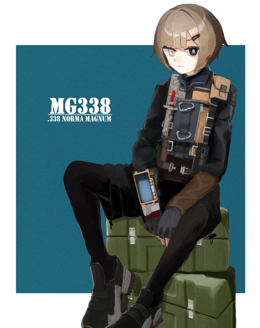 black_eyes black_gloves black_shorts brown_hair carabiner character_name fingerless_gloves full_body girls'_frontline gloves hair_ornament hairclip heterochromia highres jacket looking_at_viewer meta0614 mg338_(girls'_frontline) mole mole_under_eye short_hair shorts sitting white_eyes wrist_computer