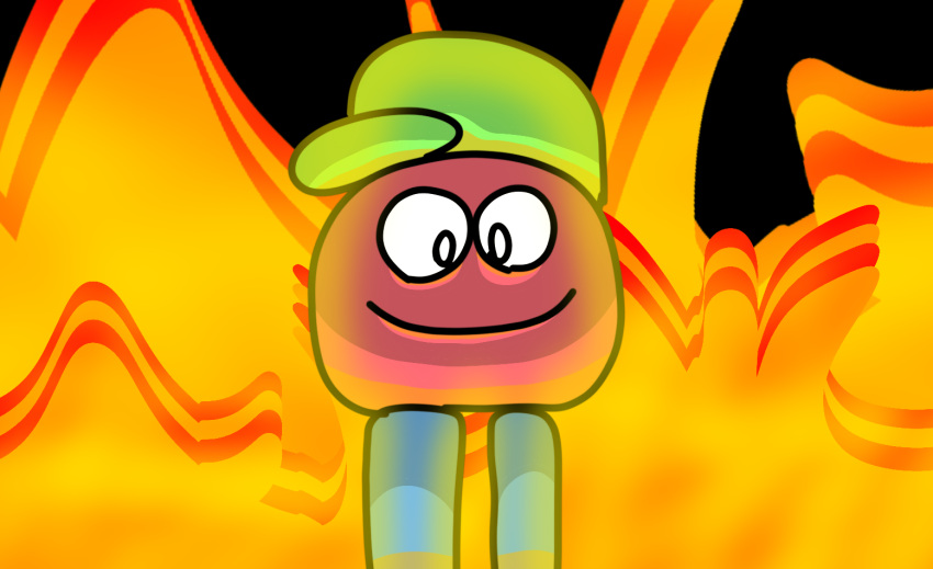 ambiguous_gender black_background blue_legs burning clothing fire green_cap hat headgear headwear looking_at_viewer red_body shaded simple_background simple_eyes simple_face simple_shading smile solo soulless_eyes tyris_the_goober unknown_species