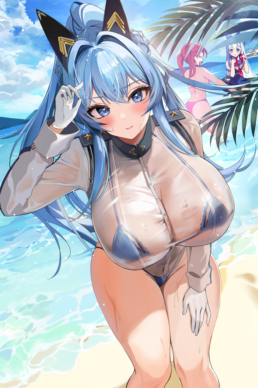3girls absurdres anchor_(nikke) beach bikini blue_bikini blue_eyes blue_hair blue_sky blush breasts day gloves goddess_of_victory:_nikke helm_(aqua_marine)_(nikke) helm_(nikke) hido_(cherryhido) high_ponytail highres huge_breasts leaning_forward long_hair looking_at_viewer mast_(a_pirate's_heart)_(nikke) mast_(nikke) micro_bikini multiple_girls pink_bikini see-through see-through_shirt sky solo_focus swimsuit thighs twintails very_long_hair water wet wet_clothes white_gloves