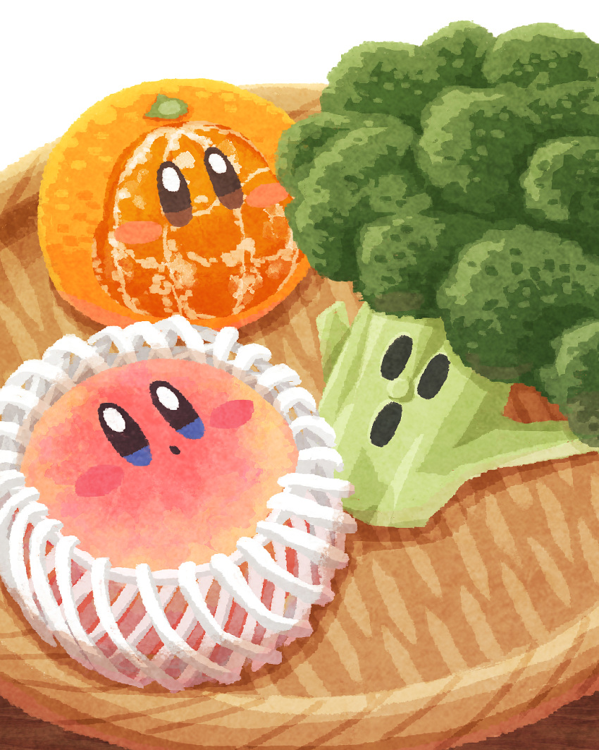 :o blush_stickers broccoli food food_focus from_above fruit highres kirby kirby_(series) looking_at_viewer miclot no_humans open_mouth orange_(fruit) pear vegetable white_background wicker_basket