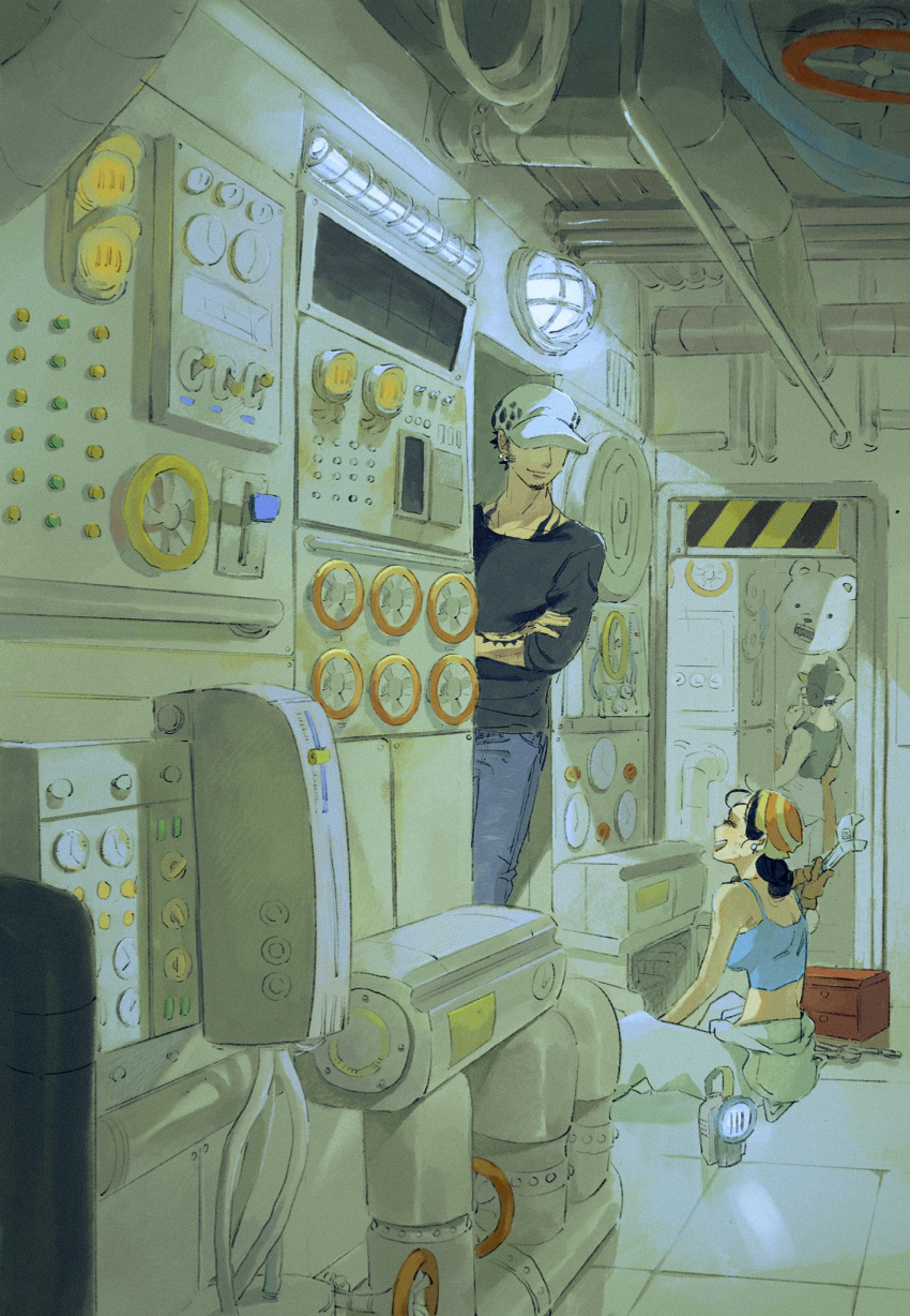 1boy 1girl arm_tattoo bear bepo black_hair black_shirt clock crop_top denim hat hat_over_eyes highres holding holding_wrench ikkaku_(one_piece) indoors industrial_pipe jeans konekomarururu mechanic one_piece overalls_removed pants penguin_(one_piece) polar_bear push-button ship_interior shirt smile steering_wheel tattoo toolbox tools trafalgar_law wrench