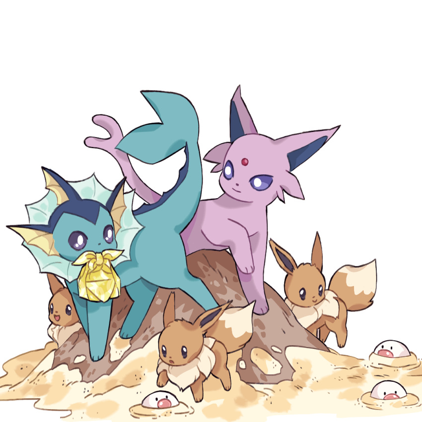 :d :o bright_pupils brown_eyes closed_mouth commentary eevee english_commentary espeon forehead_jewel furoshiki looking_at_another looking_down mjoyart mouth_hold no_humans open_mouth pokemon pokemon_(creature) purple_eyes rock sand simple_background smile through_ground vaporeon white_background white_pupils wiglett