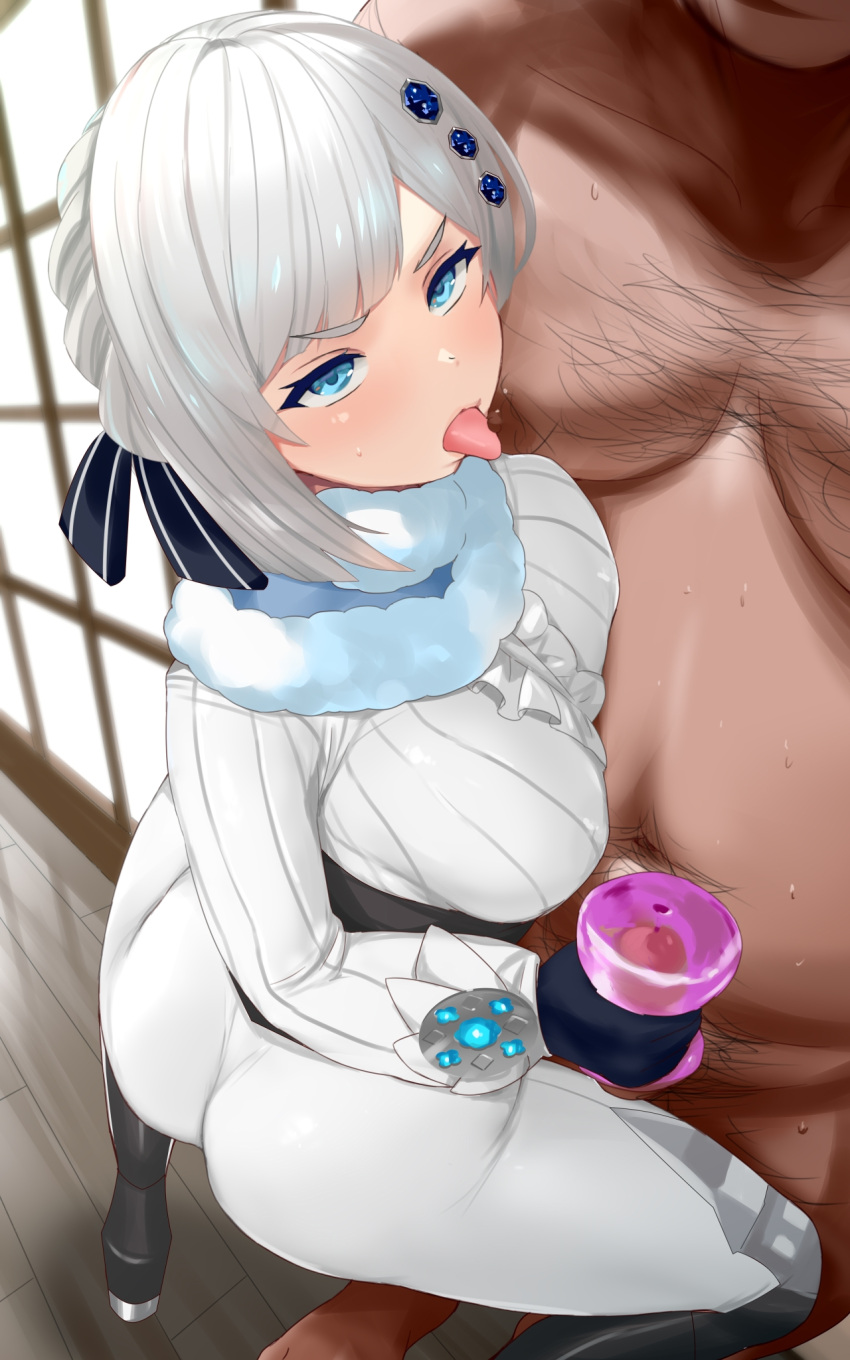 1boy 1girl akershus_fortress_(oshiro_project) artificial_vagina ass black_gloves bodysuit braid breasts fluff fur_trim gloves grey_hair hair_ornament handjob hetero highres kusaka_souji large_breasts licking licking_nipple oshiro_project oshiro_project_re pants sex_toy squatting thighs tight_clothes tight_pants ugly_man white_bodysuit