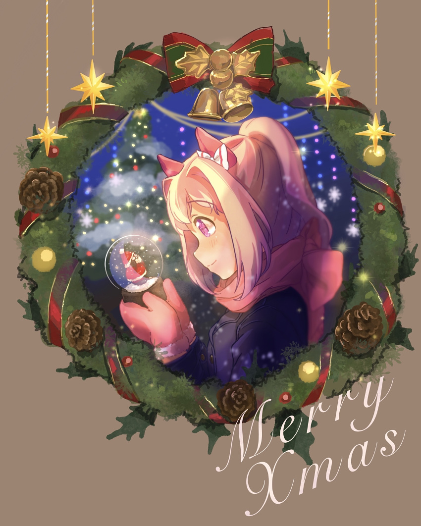 1girl absurdres acorn animal_ears bell blush bow breath brown_background christmas christmas_tree christmas_wreath closed_mouth coat ear_covers hair_intakes hands_up haru_urara_(umamusume) highres horse_ears long_sleeves merry_christmas mittens moko39_takasora pink_eyes pink_hair ponytail profile purple_coat ribbon scarf short_hair smile snow_globe solo umamusume wreath