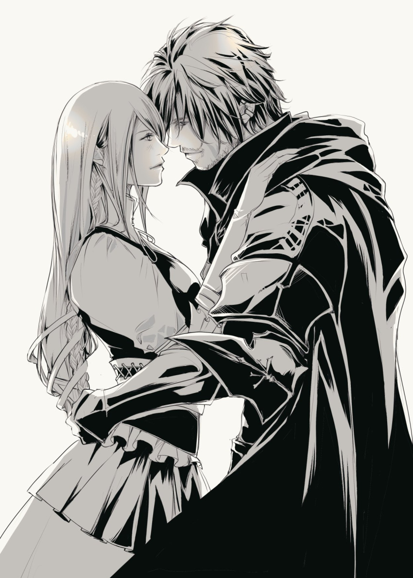 1boy 1girl arm_around_waist beard_stubble cape chinstrap_beard clive_rosfield couple dress eye_contact final_fantasy final_fantasy_xvi greyscale hand_on_another's_shoulder highres imminent_kiss jill_warrick long_hair looking_at_another mixmomo_yah monochrome scar scar_on_face smile