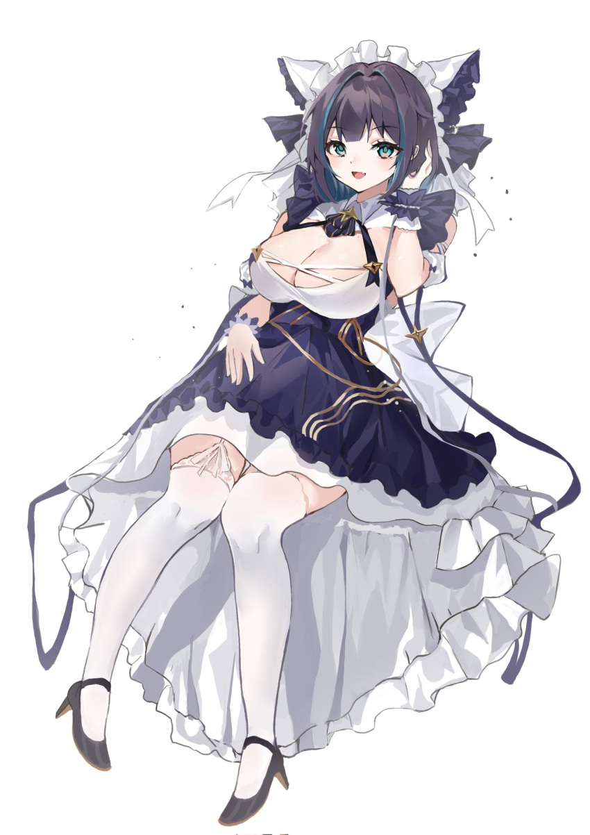 1girl :d alternate_costume aqua_hair azur_lane black_footwear black_hair breasts cheshire_(azur_lane) cleavage dot_nose dress enmaided fang frilled_dress frilled_headwear frills full_body gold_trim green_eyes hand_up high_heels highres invisible_chair kneehighs knees_together_feet_apart komuer large_breasts looking_at_viewer maid maid_headdress medium_hair multicolored_hair open_mouth simple_background sitting skin_fang skirt smile socks solo streaked_hair two-tone_hair white_background white_socks