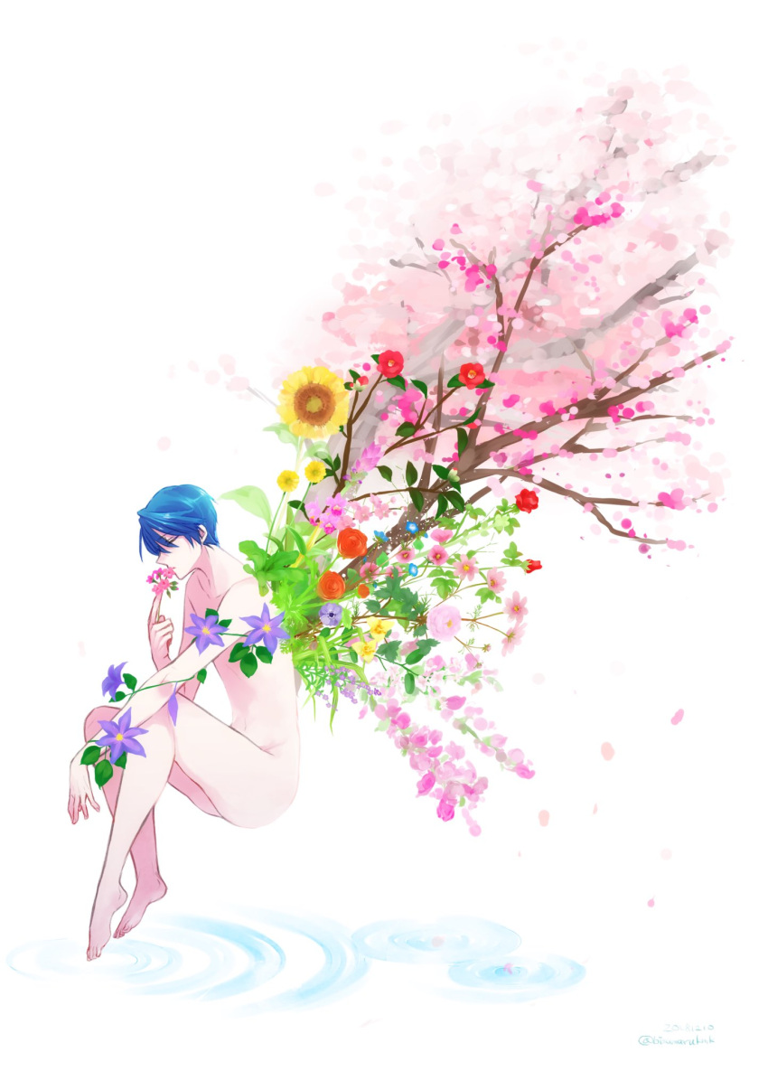 1girl androgynous closed_eyes commentary_request completely_nude dated flat_chest flower gekkan_shoujo_nozaki-kun highres holding holding_flower kashima_yuu muramaru nude ripples short_hair solo sunflower tree twitter_username