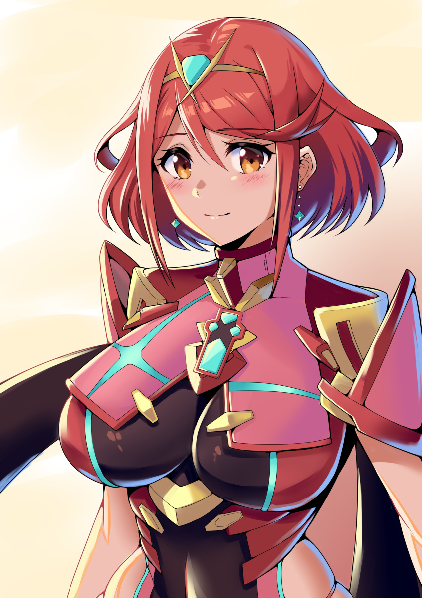 1girl absurdres armor backless_outfit breasts chest_jewel covered_navel drop_earrings earrings highres impossible_clothes jewelry large_breasts pyra_(xenoblade) red_eyes red_hair short_hair short_sleeves shoulder_armor skindentation solo swept_bangs tiara upper_body xenoblade_chronicles_(series) xenoblade_chronicles_2 yamadahats44685