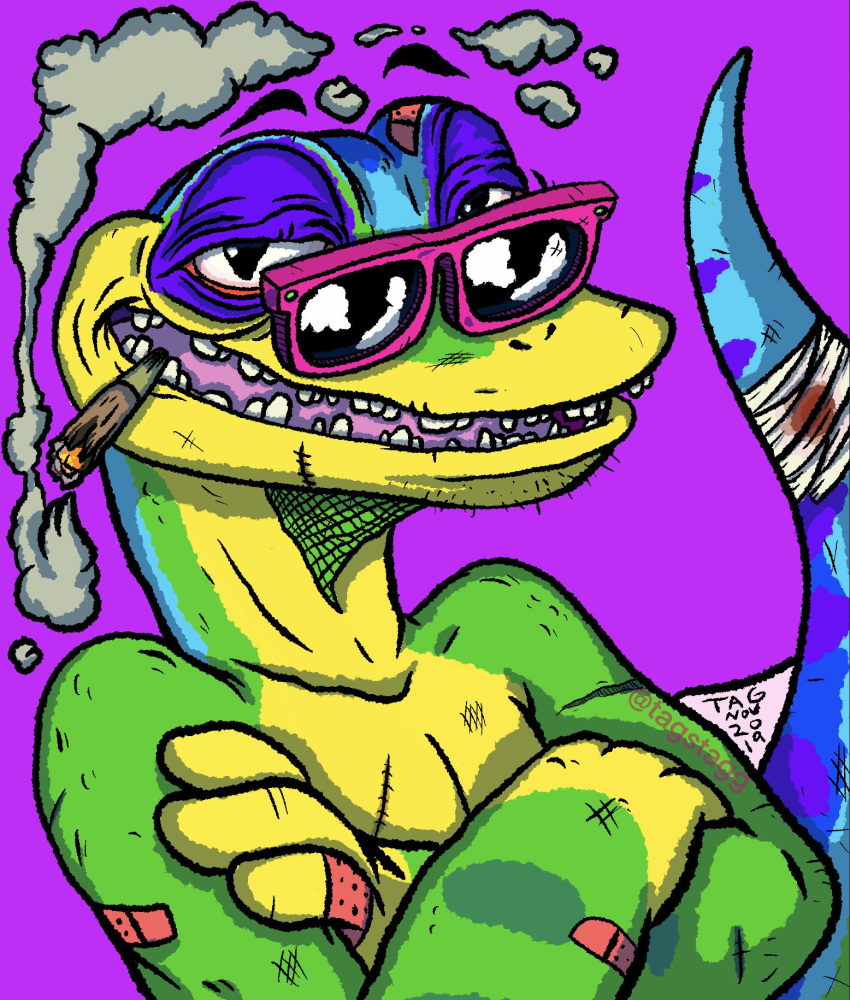 2019 3_fingers anthro artist_name bandage black_eyes blood bodily_fluids cigar digital_media_(artwork) fingers gecko gex_(series) gex_the_gecko green_body green_skin hi_res lizard looking_at_viewer male male_(lore) nude open_mouth plaster purple_background reptile scalie scar signature simple_background smoke solo tagstagg teeth tongue yellow_body yellow_skin