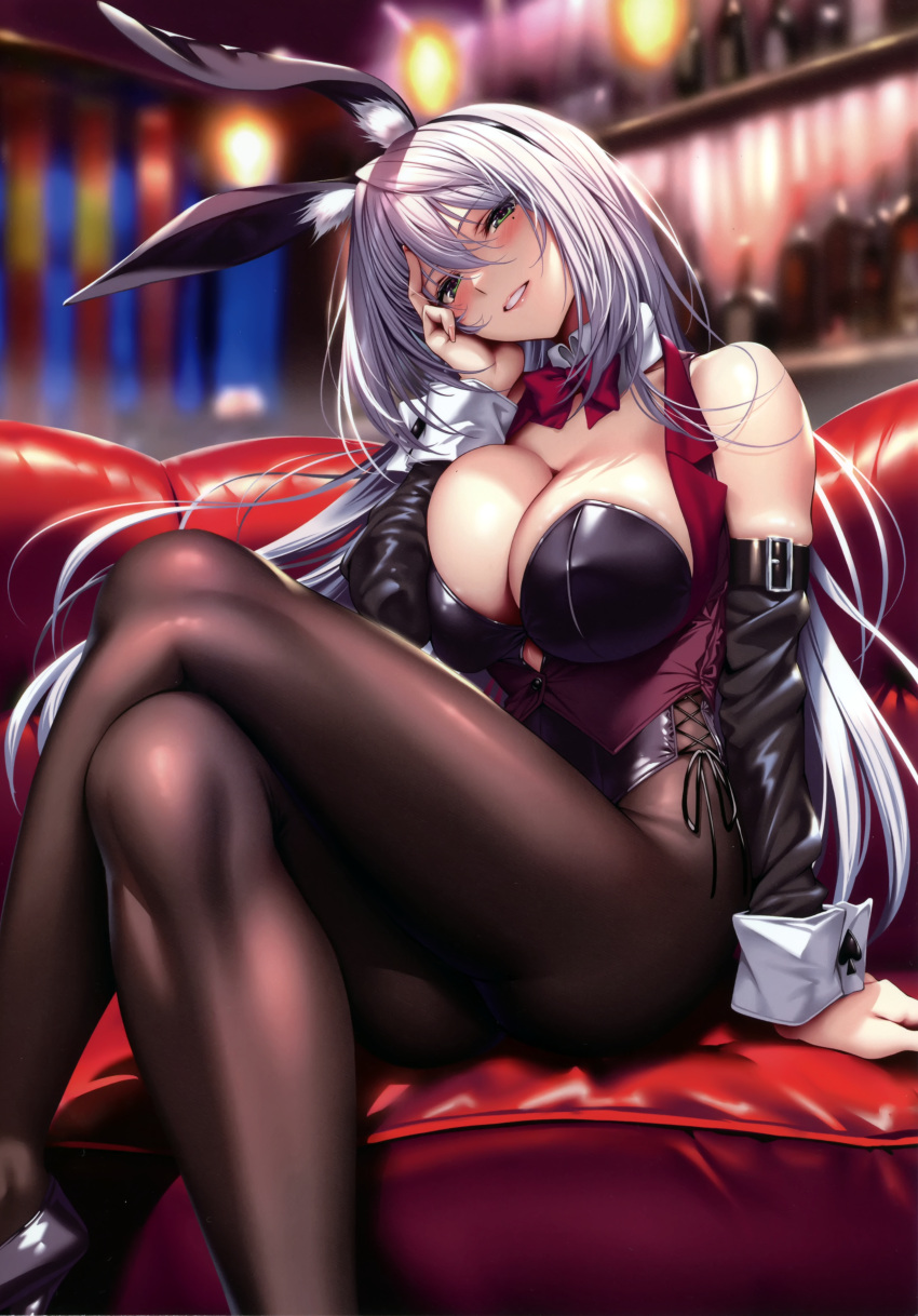 1girl absurdres amagasa_tsuzuri animal_ears breasts cleavage couch crossed_legs fake_animal_ears hair_ornament hand_up hanikami_kanojo highres indoors large_breasts long_hair looking_at_viewer pantyhose parted_lips piromizu playboy_bunny scan simple_background sitting smile solo