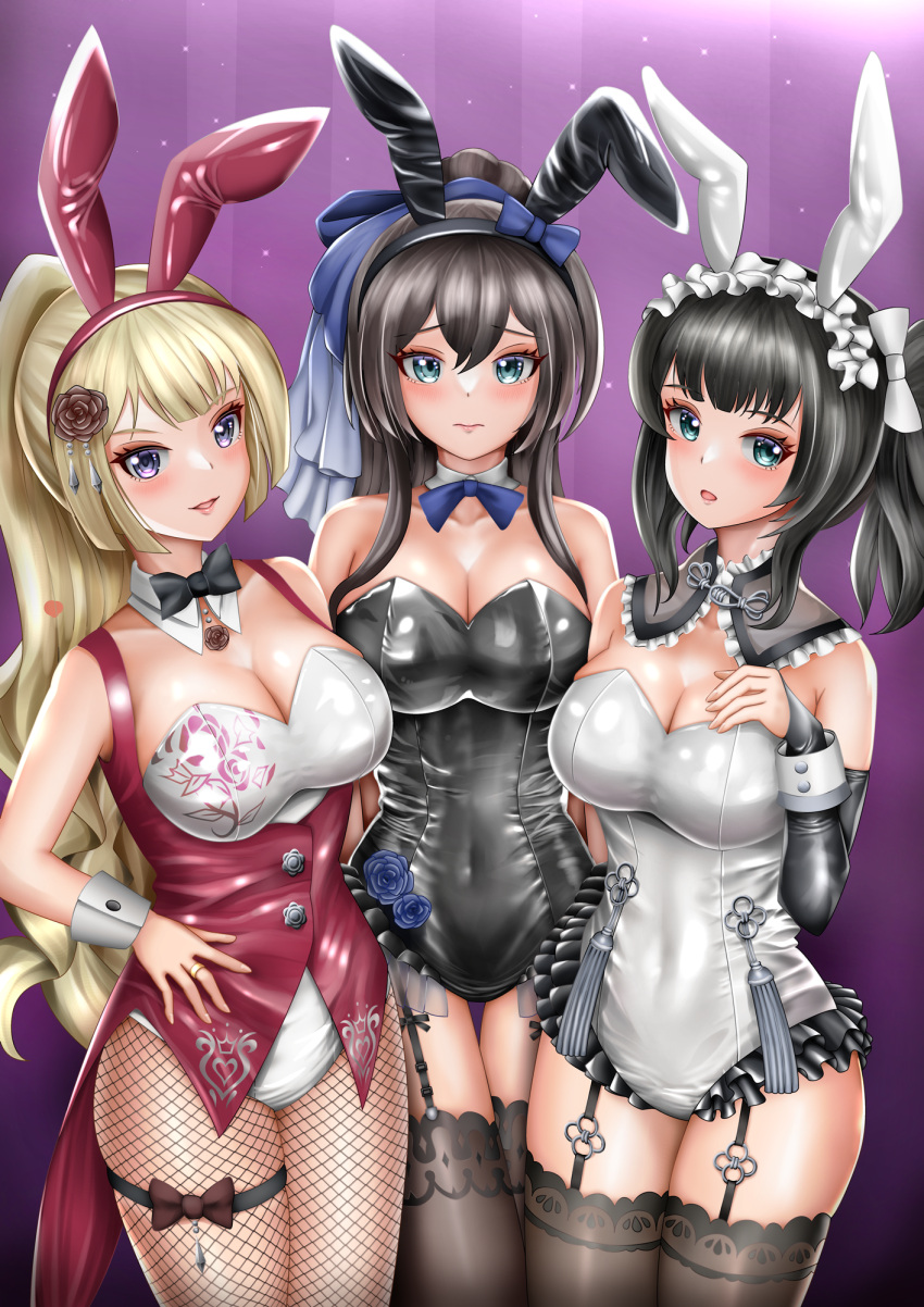 3girls animal_ears aqua_eyes arm_at_side assault_lily bare_shoulders black_bow black_bowtie black_hair black_hairband black_leotard black_pantyhose black_thighhighs blonde_hair blue_bow blue_bowtie blue_flower blue_rose blunt_bangs blush bow bow_hairband bowtie breasts brown_bow brown_hair brown_rose buttons cleavage closed_mouth coattails collar collarbone commentary_request covered_navel cowboy_shot detached_collar detached_sleeves fake_animal_ears fingernails fishnet_pantyhose fishnets floral_print flower frilled_collar frilled_hairband frilled_leotard frills garter_straps gradient_background hair_between_eyes hair_bow hair_flower hair_ornament hairband hand_on_own_chest hand_on_own_hip hand_up high_ponytail highres imai_tomohiro jewelry large_breasts leotard long_hair long_sleeves looking_at_viewer miyagawa_takane multiple_girls official_alternate_costume official_alternate_hairstyle pantyhose parted_lips pendant playboy_bunny ponytail print_leotard purple_background purple_eyes rabbit_ears raised_eyebrows red_eyes red_hairband red_vest ring rose rose_print serizawa_chikaru side-by-side side_ponytail sidelocks sleeves_past_wrists smile standing strapless strapless_leotard striped striped_background tassel thigh_bow thigh_gap thigh_strap thighhighs very_long_hair vest wang_yujia white_bow white_hairband white_leotard wrist_cuffs