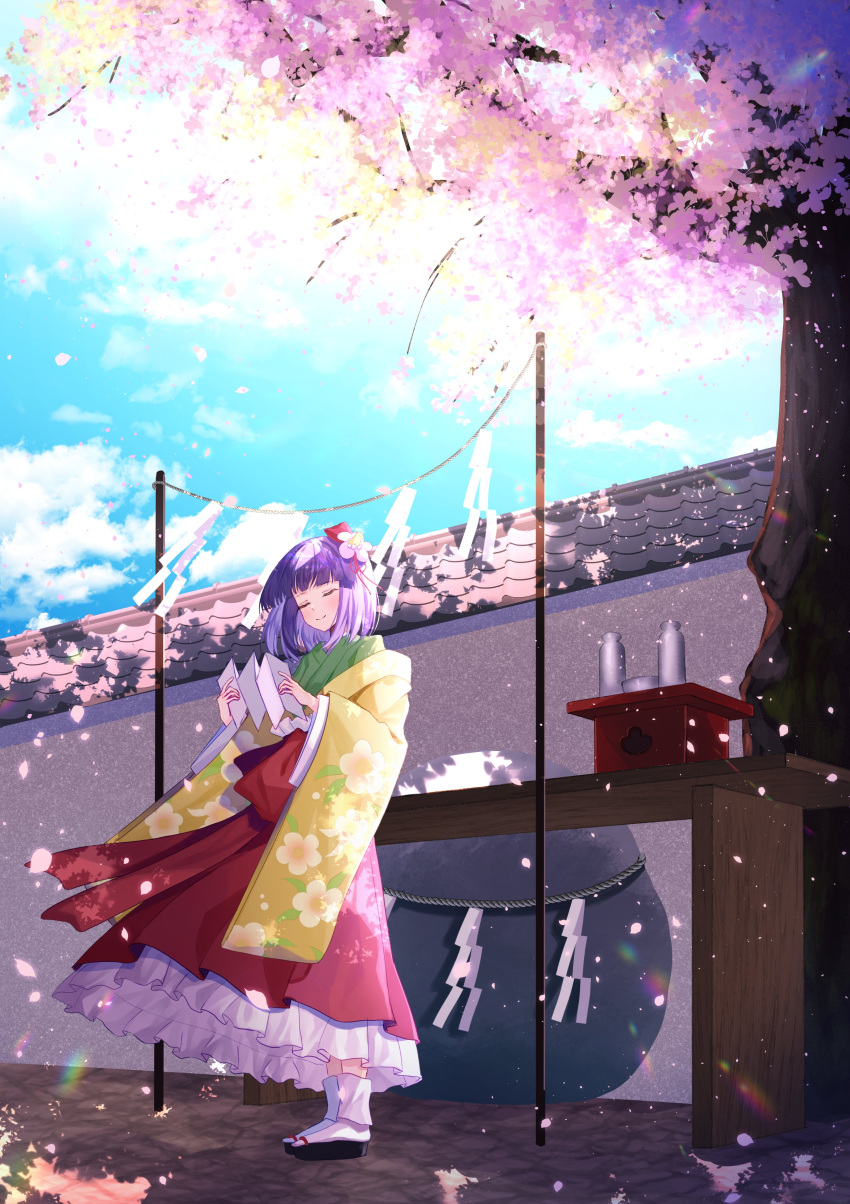 1girl absurdres black_footwear cherry_blossoms closed_eyes cloud cloudy_sky detached_sleeves dress falling_petals floral_print hieda_no_akyuu highres japanese_clothes kimono nettian51 patterned_clothing petals purple_hair red_dress short_hair sky smile socks solo touhou white_socks yellow_sleeves