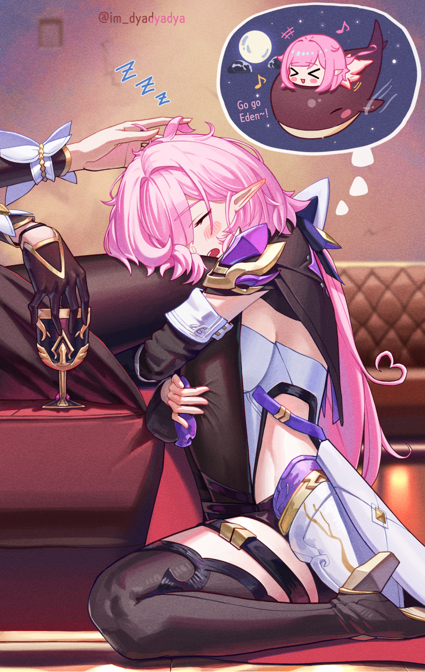 2girls absurdres artist_name black_gloves black_thighhighs blush breasts closed_eyes couch cup detached_sleeves dreaming dyadyadya eden_(honkai_impact) elysia_(honkai_impact) gloves headpat highres holding holding_cup honkai_(series) honkai_impact_3rd hugging_another's_leg medium_breasts medium_hair multiple_girls on_couch open_mouth pink_hair pointy_ears sideboob single_glove sitting sleeping spoken_zzz thighhighs thighs twitter_username wariza yuri zzz