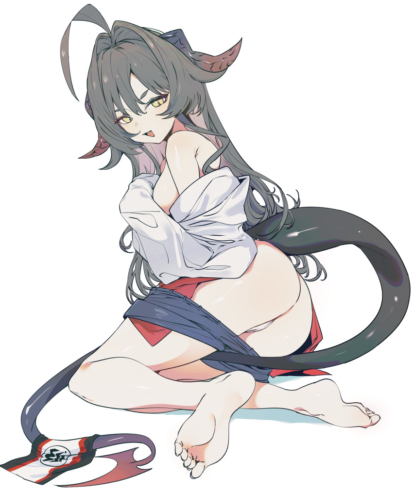 1girl absurdres ahoge barefoot black_hair black_horns black_shorts black_tail blue_archive breasts coat ddari demon_horns hair_intakes highres horns kasumi_(blue_archive) lab_coat long_hair medium_breasts red_shirt shirt shirt_tucked_in shorts simple_background solo white_background white_coat yellow_eyes