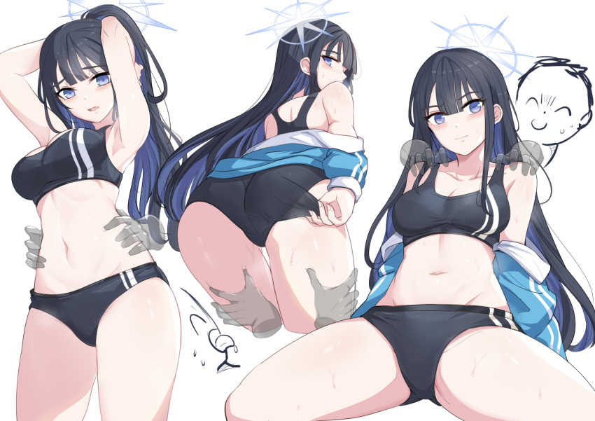 1boy 1girl alternate_costume armpits arms_up arona's_sensei_doodle_(blue_archive) ass bare_shoulders black_buruma black_hair black_sports_bra blue_archive blue_eyes blue_jacket blunt_bangs breasts buruma buruma_pull cleavage closed_mouth collarbone commentary groin halo jacket long_hair looking_at_viewer medium_breasts midriff multiple_views navel off_shoulder open_mouth saori_(blue_archive) sensei_(blue_archive) shoulder_grab simple_background sitting sports_bikini sports_bra standing sweat symbol-only_commentary thigh_grab tongue tongue_out torso_grab white_background yougen_kitsune