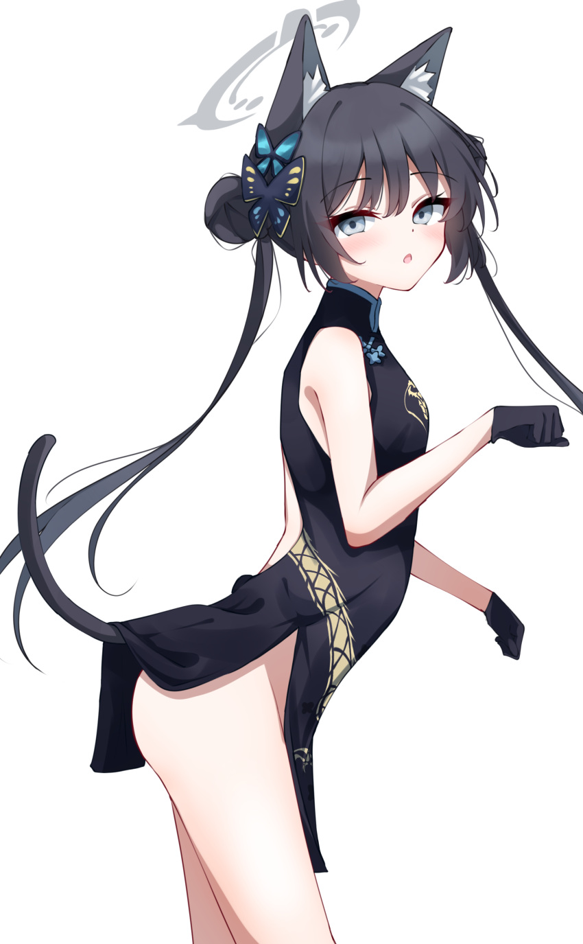 1girl :o absurdres animal_ears ass black_dress black_gloves black_hair blue_archive blush butterfly_hair_ornament cat_ears cat_tail clenched_hands commentary double_bun dragon_print dress from_side gloves hair_bun hair_ornament highres kabocya_na kemonomimi_mode kisaki_(blue_archive) leaning_forward long_hair looking_at_another looking_at_viewer simple_background sleeveless sleeveless_dress solo tail tail_under_clothes twintails very_long_hair white_background
