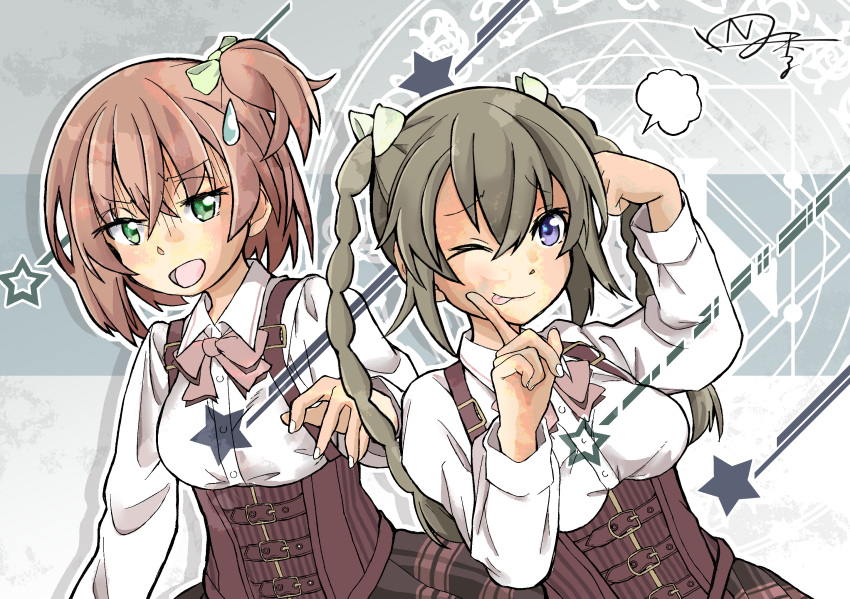 2girls ;p =3 amamiya_sophia_seren arm_at_side arm_up artist_name assault_lily belt belt_buckle bow bowtie braid breasts brown_belt brown_hair brown_skirt buckle closed_mouth collared_shirt commentary_request corset crossed_bangs dojikko_pose drop_shadow emblem fingernails furrowed_brow gradient_background green_bow green_eyes grey_background hair_between_eyes hair_bow hair_ribbon hand_on_own_head hand_up highres kishimoto_lucia_raimu long_hair looking_at_viewer ludvico_private_girls'_academy_school_uniform medium_breasts multiple_belts multiple_girls naganuki_shiki one_eye_closed one_side_up open_mouth orange_hair pink_bow pink_bowtie purple_eyes raised_eyebrows ribbon school_uniform shaded_face shirt short_hair signature skirt smile standing star_(symbol) suspenders sweatdrop tongue tongue_out twin_braids twintails underbust upper_body white_ribbon white_shirt