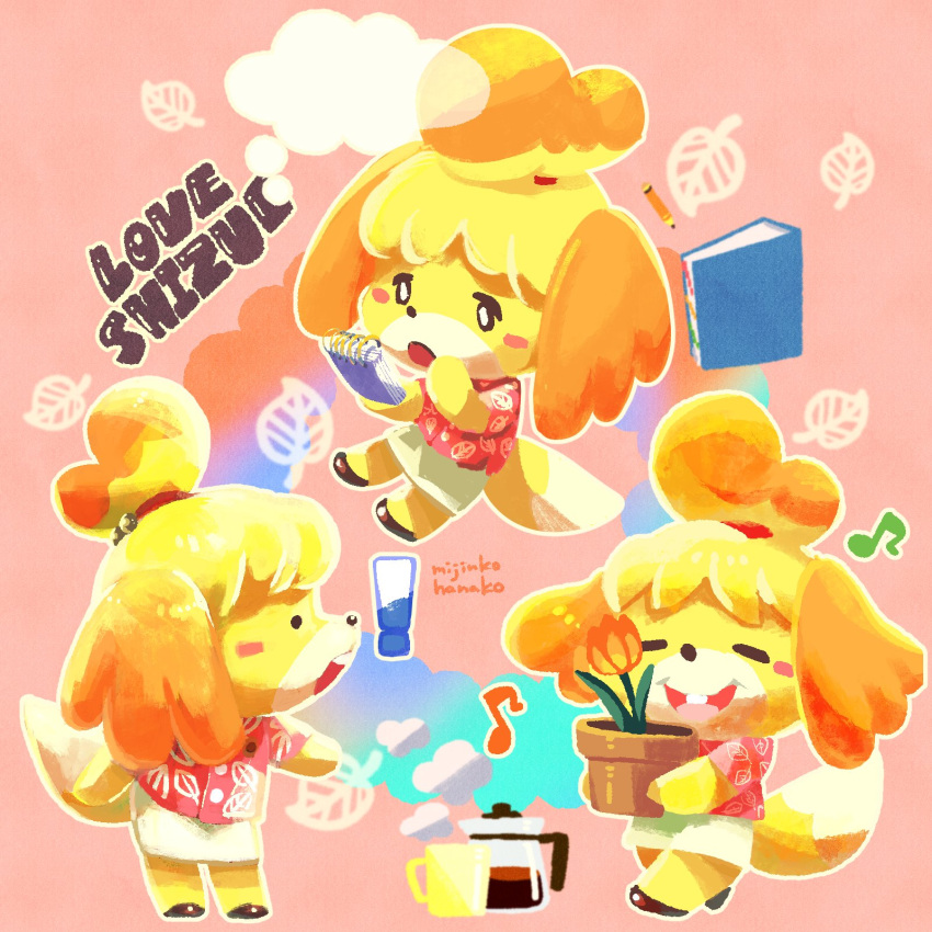 ! 1girl animal_crossing artist_name bell binder black_footwear blush_stickers coffee_mug coffee_pot cup dog_girl flower furry furry_female hawaiian_shirt highres holding holding_flower_pot holding_notepad isabelle_(animal_crossing) jingle_bell leaf mijinkohanako mug musical_note notepad open_mouth pencil pink_background plant potted_plant shirt steam teeth tulip upper_teeth_only white_shirt