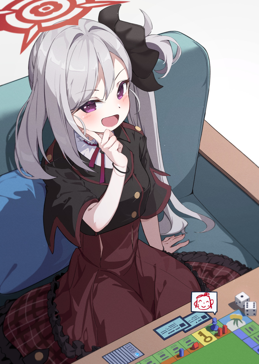 1girl :d absurdres arona's_sensei_doodle_(blue_archive) bangle blue_archive board_game bracelet breasts card commentary couch dice hair_ornament hair_scrunchie halo hand_on_own_cheek hand_on_own_face highres jewelry key monopoly mutsuki_(blue_archive) neck_ribbon on_couch purple_eyes ribbon school_uniform scrunchie seero sensei_(blue_archive) sitting small_breasts smile white_hair