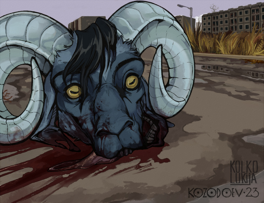 anthro blood blue_body bodily_fluids bovid caprine corpse death decapitation hi_res horizontal_pupils horn kolkolukija male mammal pupils solo tongue