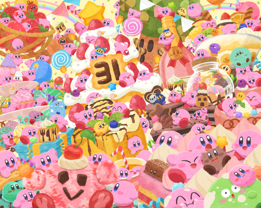 absurdres animal_ears anniversary bandana_waddle_dee basket blue_skin blueberry blush_stickers bottle cake cake_slice candle candy character_mask cherry chocolate_cake closed_eyes colored_skin confetti copy_ability drinking_straw drooling eating elfilin food food_on_face fruit green_skin happy highres invincible_candy jar kabu_(kirby) king_dedede kirby kirby's_dream_buffet kirby_(series) lollipop looking_at_another looking_at_viewer magolor mask meta_knight miclot mouse_ears no_humans o_o one_eye_closed open_mouth pink_skin smile solid_oval_eyes sprinkles star_(symbol) strawberry string_of_flags too_many waddle_dee whispy_woods yellow_skin