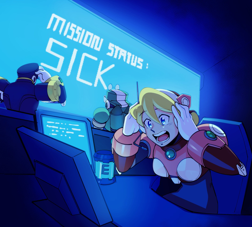 1girl :d alia_(mega_man) android arms_up blue_eyes character_request commentary desk drawloverlala energy_tank english_commentary framed_breasts from_behind hair_between_eyes hairband hands_on_own_head hands_up headset highres indoors mega_man_(series) mega_man_x_(series) meme mission_status:_sick_(meme) monitor open_mouth parody pink_armor robot_ears screen signas_(mega_man) sitting smile swept_bangs teeth upper_body