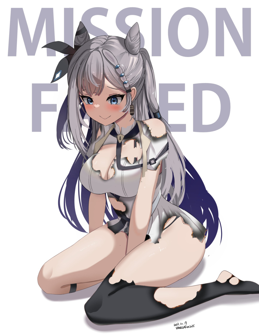 1girl absurdres artist_name blue_eyes blush breasts cdog2035 cleavage cone_hair_bun dated defeat dress earrings grey_hair hair_bun highres hololive hololive_indonesia jewelry kneeling large_breasts long_hair panties panty_peek single_thighhigh tears thighhighs torn_clothes torn_dress torn_thighhighs underwear vestia_zeta virtual_youtuber white_background