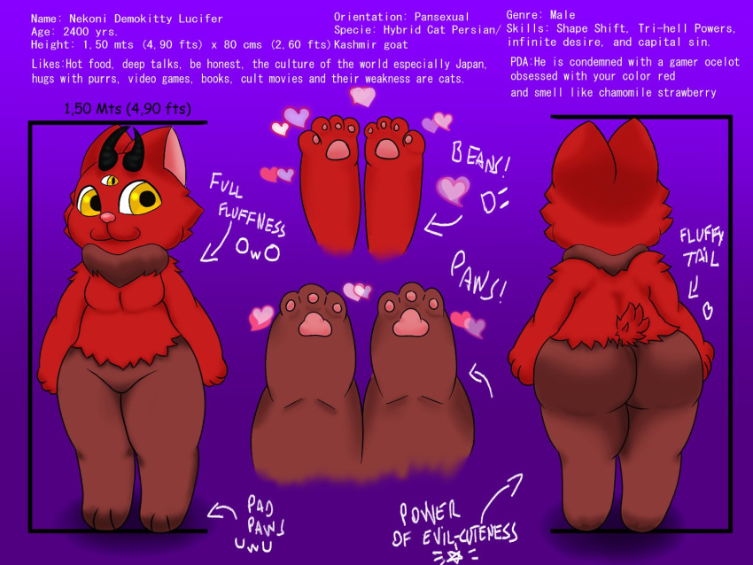 &lt;3 2022 3_eyes 4:3 anthro arrow_sign big_butt black_horn brown_body brown_fur brown_tuft butt cat_demon digital_media_(artwork) domestic_cat emoticon english_text featureless_crotch felid feline felis front_view fur hi_res horn looking_at_viewer male mammal model_sheet multi_eye multicolored_body multicolored_fur neck_tuft nekoni nekoni_(character) owo pawpads pink_nose pink_pawpads rear_view red_body red_ears red_fur red_tail smile solo standing tail text thick_thighs tuft two_tone_body two_tone_fur yellow_eyes