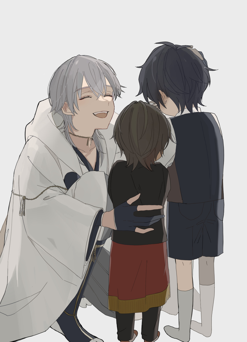 3boys aged_down black_hair brown_hair child closed_eyes comforting crying facing_another gloves grey_hair hair_between_eyes happy highres hood hood_down japanese_clothes kneeling looking_at_another male_child male_focus mizuno_(bbzzzzzzbb) multiple_boys ookurikara open_mouth partially_fingerless_gloves shokudaikiri_mitsutada short_hair shorts socks teeth touken_ranbu tsurumaru_kuninaga upper_teeth_only white_background white_socks