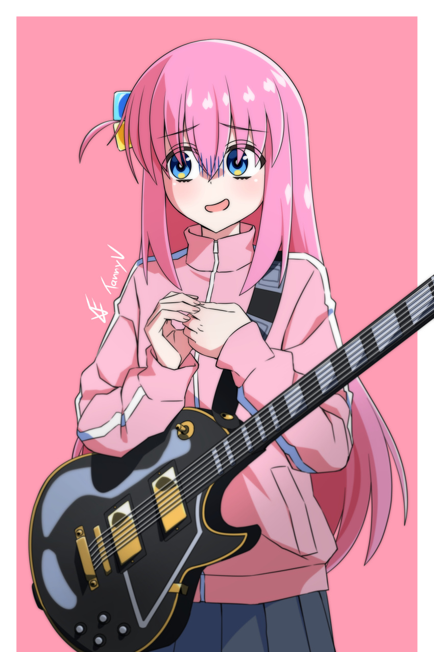 1girl artist_name blue_eyes bocchi_the_rock! cube_hair_ornament electric_guitar gibson_les_paul gotoh_hitori guitar hair_between_eyes hair_ornament highres instrument jacket long_hair long_sleeves looking_to_the_side nervous nervous_smile open_mouth pink_hair pink_jacket pink_track_suit side_ahoge signature simple_background skirt smile solo tanny_v track_jacket